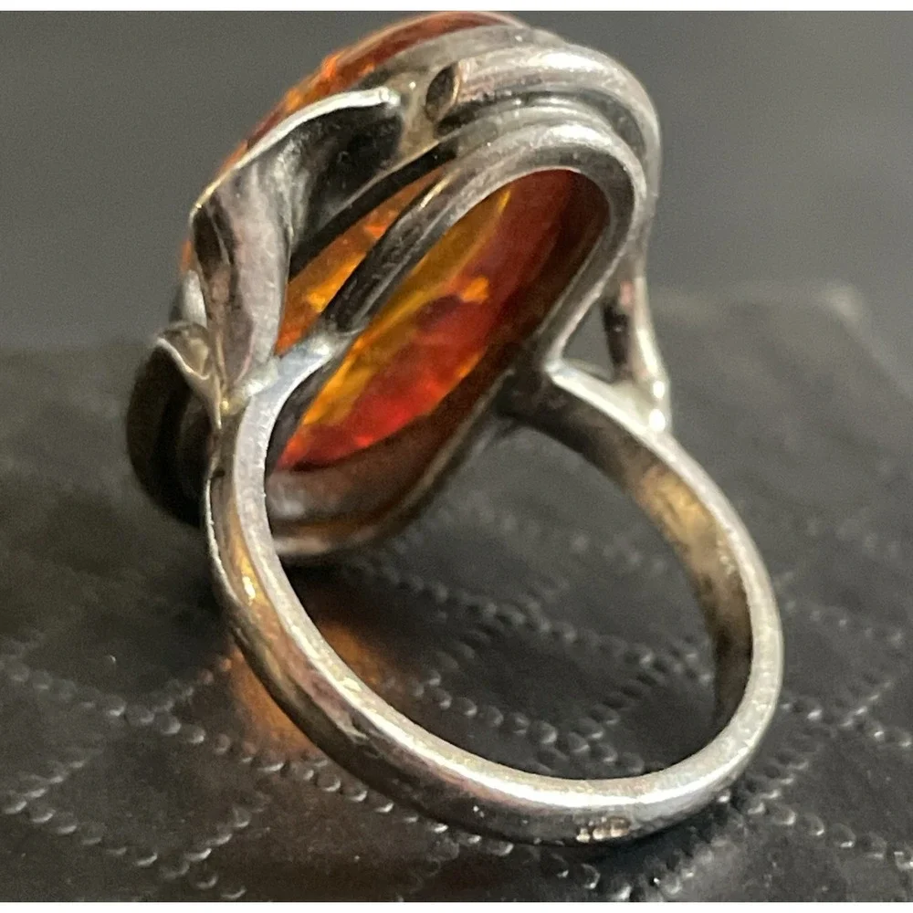 Sterling Silver Amber Ring‎ Statement Chunky 925 Calla Lily Artisan Size 6